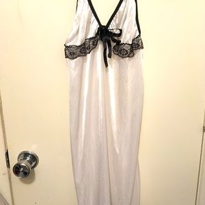 Sexy white nighty with black lace trim.